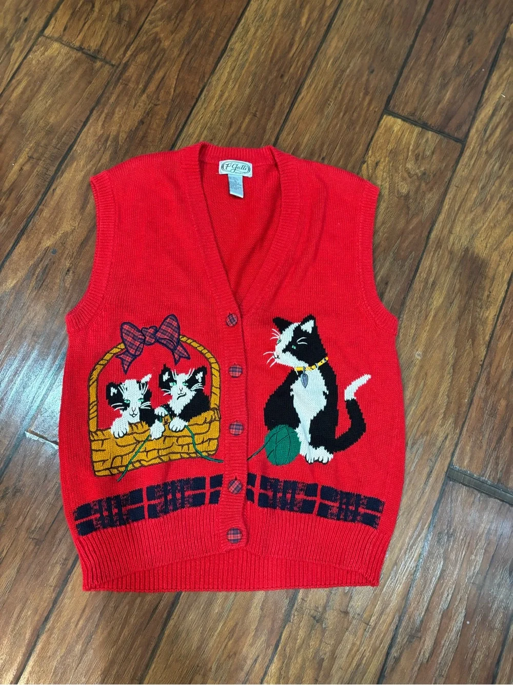 Grandma Core Adorable Red Cat Pattern Pet Lovers Knit Vest 1X